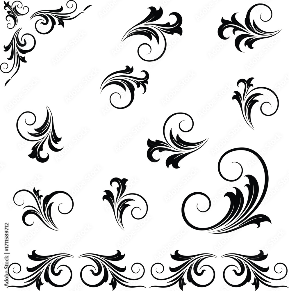 Fototapeta premium Elegant black swirls and flourishes collection for decorative design elements and ornate borders