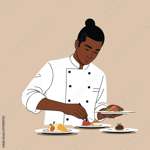 Illustrated chef delicately plates elegant appetizers, demonstrating culinary expertise & artistry