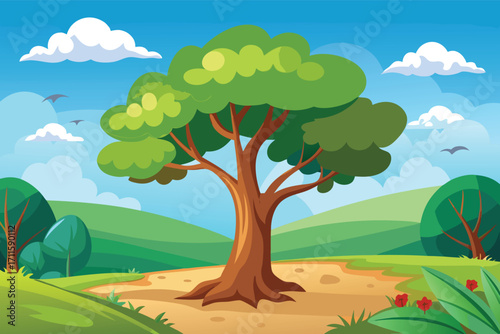 Large green tree stands on a sunny day among hills and clouds in a colorful landscape