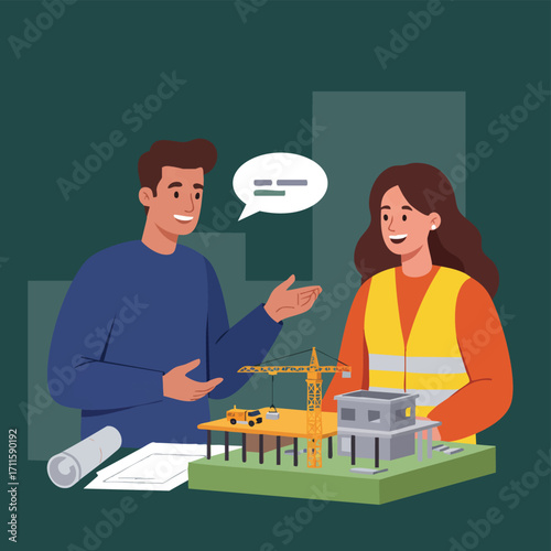 Architects and engineers collaboratively discuss a new building project, meticulously reviewing detailed blueprints and a comprehensive architectural scale model.