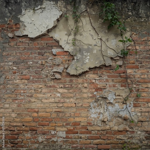 A distressed and worn wall from the 1900s with a broken pattern of faded bricks and crumbling mortar, showcasing a mix of earthy tones such as brown, beige, and grey, with visible cracks, erosion, and