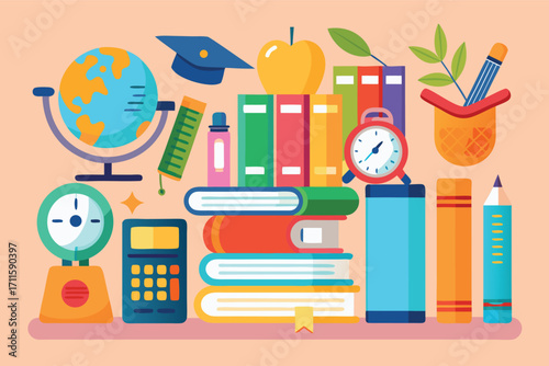 Colorful collection of school supplies and educational items on a bright background