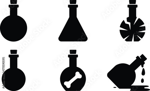 Collection of six black silhouette potion bottles on white background