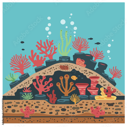 Illustration of an underwater reef ecosystem with corals, fish and bubbles
