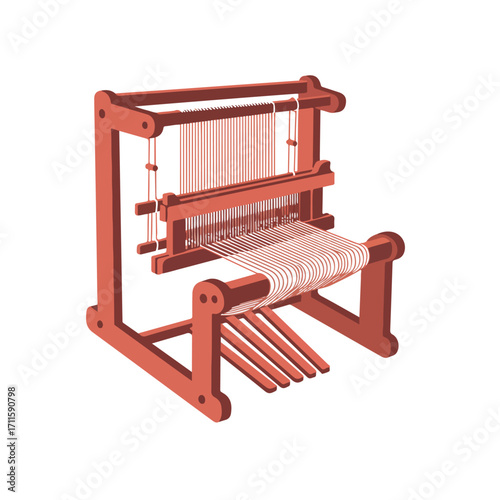 3D illustration of a reddish loom with strings woven through it, isolated on white