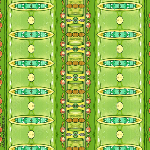 Seamless abstract green pattern with geometric symmetry, vibrant shapes, and organic flow for wallpaper, textile, or digital art backgrounds.