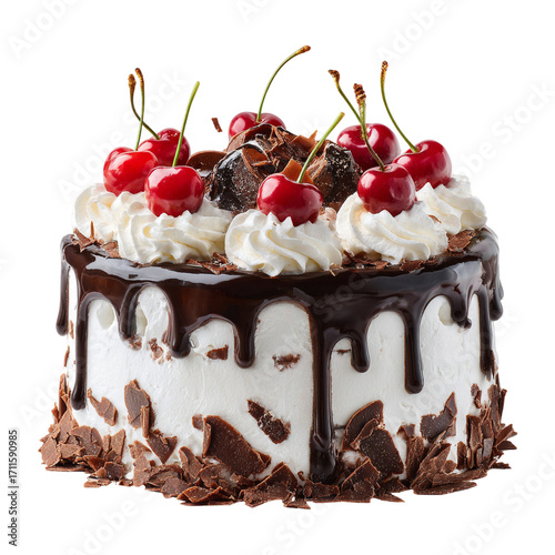Decadent Black Forest cake topped with cherries on transparent background