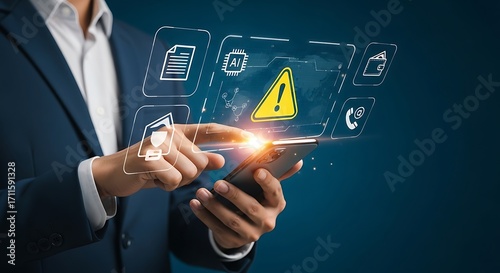 Illustration of person using smartphone with warning icon and ai symbol