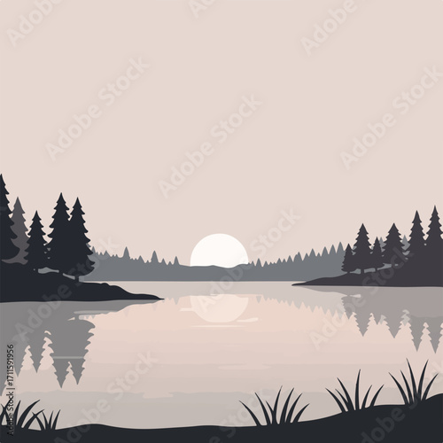 Flat, muted tones depict a lake at sunrise/sunset flanked by trees