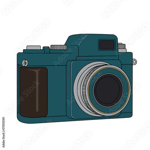Teal-colored vintage camera, with silver accents, depicted in a cartoon illustration style