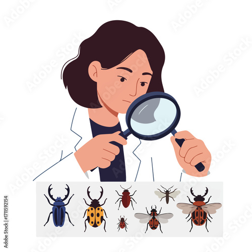 Illustrated figure examining beetles through a magnifying glass in a lab coat