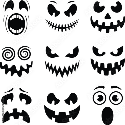 Collection of spooky halloween jack o lantern faces and expressions
