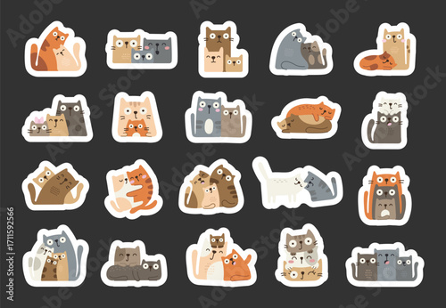 Family cat character set in scandinavian style showing kittens with parents in different emotions and poses including cuddling, hugging, sleeping, playing, resting, love and affection