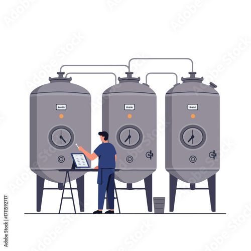 Man inspects three large industrial tanks with gauges and controls, using clipboard device