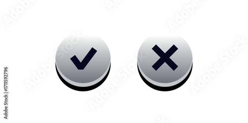 Two oval shaped buttons one with a check mark and the other with an x on a white background image view