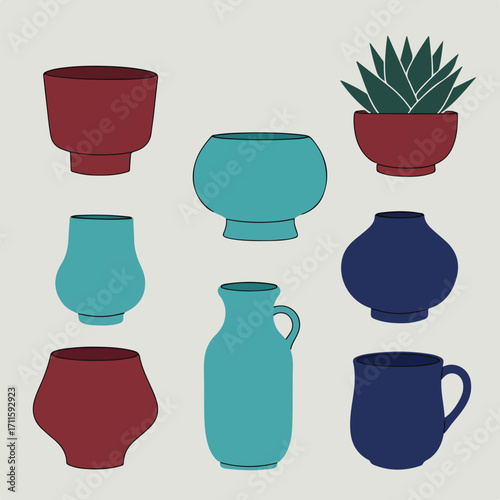 Stylized illustration of diverse ceramic pots and a plant pot with thick black outline