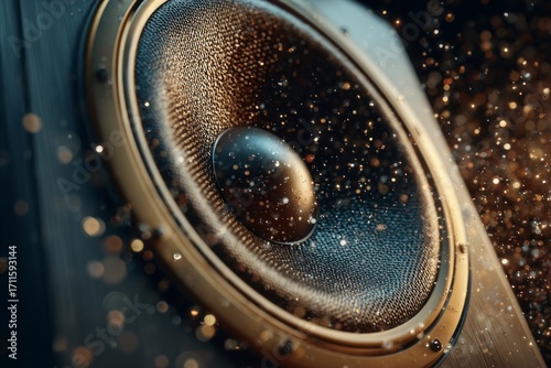 Golden particles vibrating around a powerful audio speaker, creating a mesmerizing visual representation of sound and music