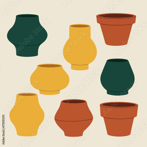 Assortment of eight vases and pots in green, yellow, and brown hues on a beige backdrop
