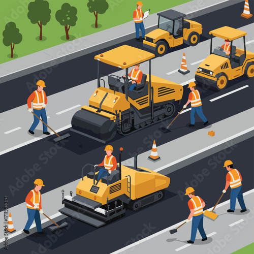 This detailed isometric illustration captures skilled construction workers operating heavy machinery to expertly pave a new asphalt road, showcasing infrastructure development.