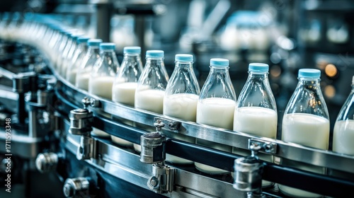 Milk Bottles On Automated Conveyor Belt In Dairy Factory
