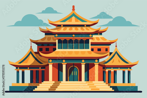 Colorful traditional Asian temple with ornate roofs against a clear sky
