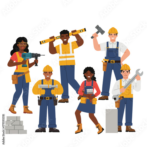 A diverse and inclusive group of male and female construction workers, proudly displaying their essential tools, represents skilled labor and collaborative building.