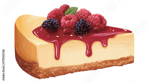 A digital illustration depicting a slice of cheesecake. The cheesecake has a creamy yellow filling and a brown graham cracker crust.  It is topped with a glossy, dark red raspberry sauce or glaze