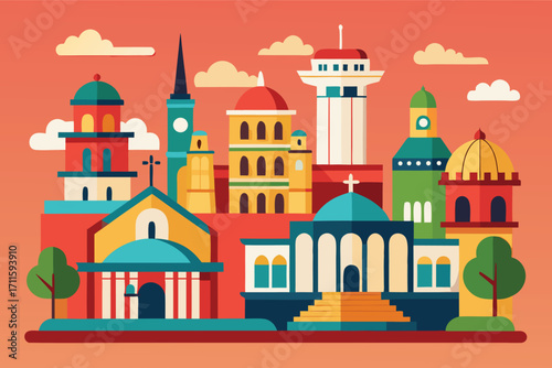 Colorful city skyline featuring various architectural styles and landmarks in a vibrant sunset backdrop