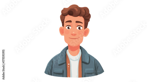 The image is a digital illustration of a young man's head and shoulders. He has short, slightly wavy brown hair and is wearing a denim-style jacket over a light beige or cream-colored shirt.