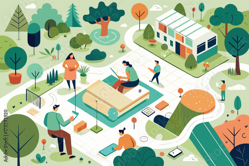 Community park scene with people enjoying outdoor activities near modern buildings in a serene environment