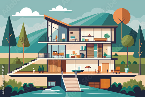 Modern house design nestled in mountainous landscape with vibrant trees and serene water