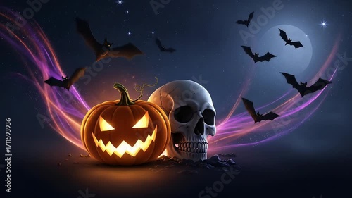 Creepy Halloween night with a spooky pumpkin and misty skull with flying bats