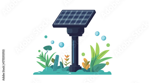 A digital illustration depicting a dark-blue solar panel mounted on a dark-grey pole.  The pole is situated in a stylized depiction of soil and water, surrounded by various green plants and