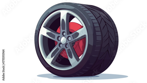 A close-up studio shot of a car tire with an alloy wheel against a white background. The tire is black with visible tread, mounted on a five-spoke silver alloy wheel. A red brake disc is visible
