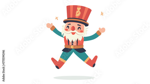 A digital illustration of a nutcracker toy, depicted in a joyful jumping pose with arms outstretched. The nutcracker is stylized with a cartoonish appearance. Its attire consists of a red and white