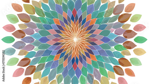 The image is a digital illustration of an abstract mandala. The mandala is composed of numerous stylized leaves arranged in concentric circles radiating outwards from a central point.