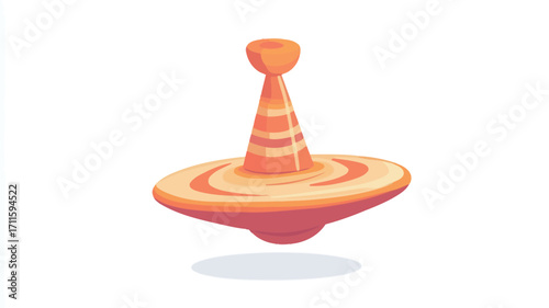 A digital illustration of a spinning top toy. The toy is primarily orange and red-orange, with thin, horizontal stripes on the cone-shaped top. The base of the top is a wider, flattened disc shape