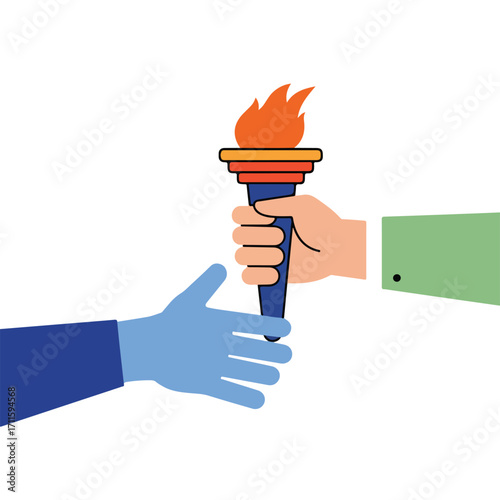 Two hands exchanging a lit torch, symbol of unity, partnership, and teamwork on white