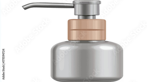 Close-up studio shot of a silver soap dispenser with a beige wooden accent on the pump. The dispenser has a metallic, possibly ceramic or plastic, body with a smooth, reflective surface. The pump