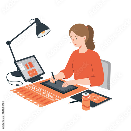 Woman illustratrating at desk with tablet, lamp, rug, screen, tools, and beverage. Flat style art
