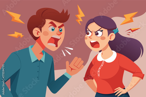 Couple arguing with raised voices and expressions of anger in a colorful, illustrated scene