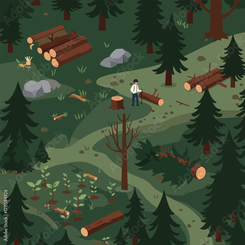 Isometric illustration of deforestation and reforestation in dense, dark green forest