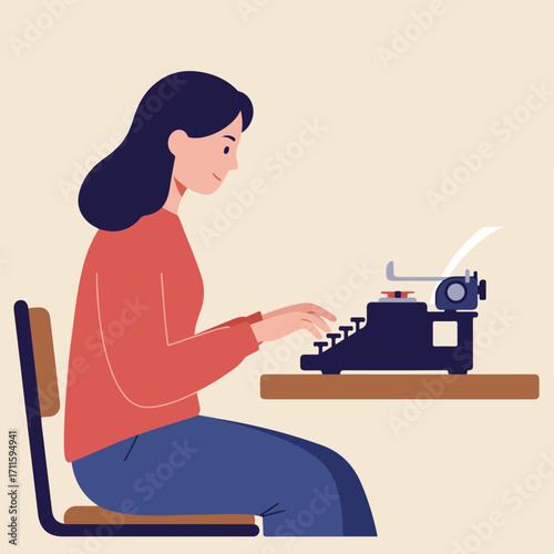 Woman typing on an old typewriter, sitting at a desk with a neutral background