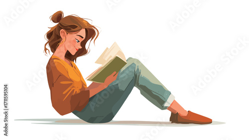 Digital illustration of a young woman with shoulder-length brown hair in a bun, wearing a mustard-yellow sweater and teal jeans, sitting on the floor and engrossed in reading a book.