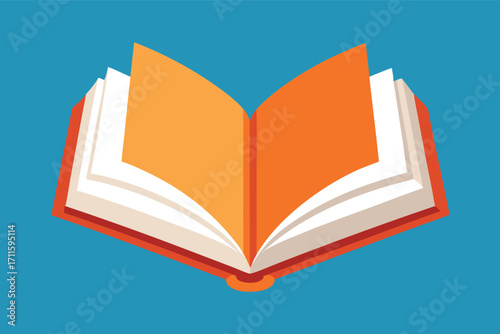 Open book with bright orange pages on a blue background illustrating knowledge and learning concepts