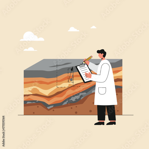 Geologist in lab coat takes notes on soil layers, cloud background, earthy tones style