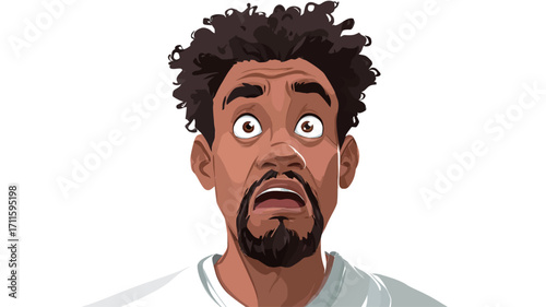 A close-up vector illustration of a cartoon man's face. The man has dark skin, dark curly afro hair, and a goatee. His expression is one of surprise or shock, with wide eyes and an open mouth.