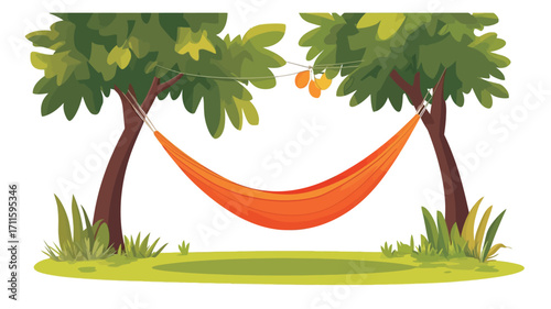 A digital illustration depicting an orange hammock strung between two lush green trees. The trees have full green foliage.  A small patch of green grass is visible at the base of the trees.