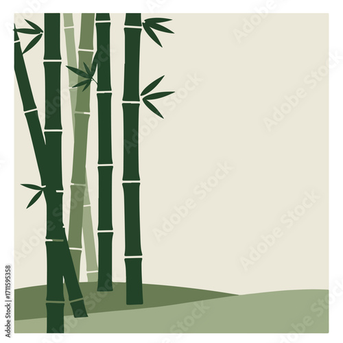 Stylized bamboo grove scene with vertical, segmented stalks and simplistic terrain shapes