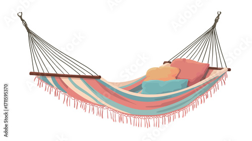 An illustration of a hammock with a striped pattern in pastel peach, teal, and beige colors. The hammock is depicted hanging with wooden supports, and two pillows in coordinating colors are nestled